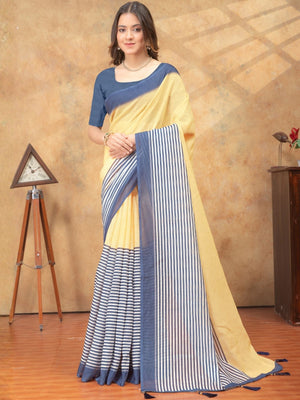 Rajwada Beige And Blue Cotton Blend Striped Saree For Women