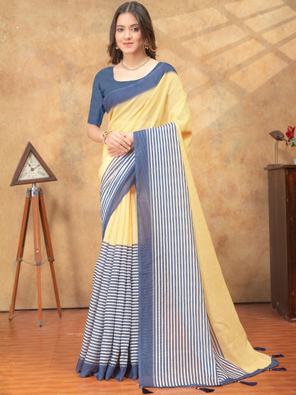 Rajwada Beige And Blue Cotton Blend Striped Saree For Women