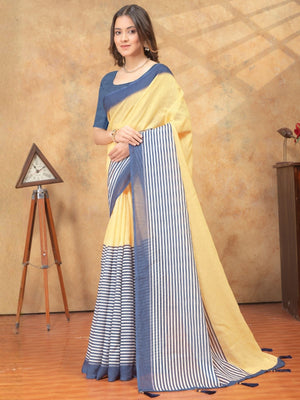 Rajwada Beige And Blue Cotton Blend Striped Saree For Women