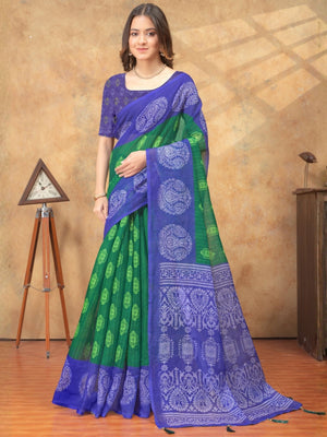 Rajwada Dark Green And Blue Cotton Blend Printed Saree For Women