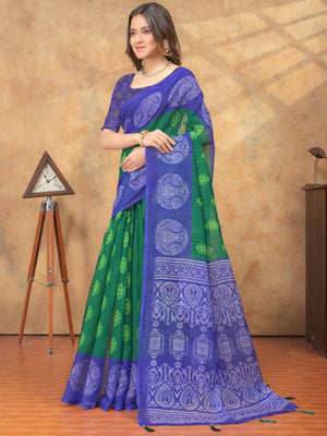 Rajwada Dark Green And Blue Cotton Blend Printed Saree For Women