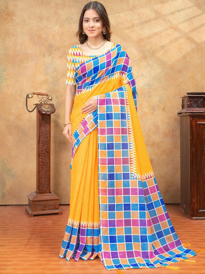 Rajwada Yellow Cotton Blend Printed Saree For Women