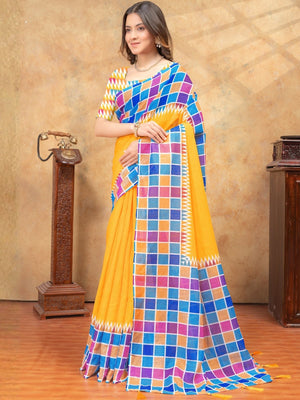 Rajwada Yellow Cotton Blend Printed Saree For Women