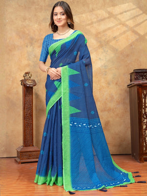 Rajwada Navy Blue Cotton Blend Printed Saree For Women