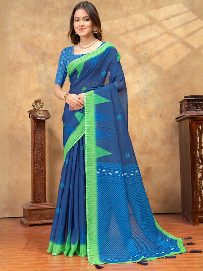 Rajwada Navy Blue Cotton Blend Printed Saree For Women