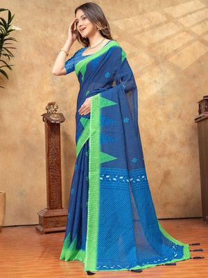 Rajwada Navy Blue Cotton Blend Printed Saree For Women