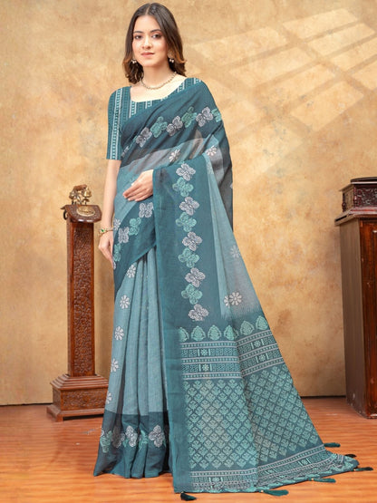Rajwada Teal Green Cotton Blend Printed Saree For Women