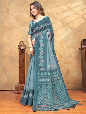 Rajwada Teal Green Cotton Blend Printed Saree For Women