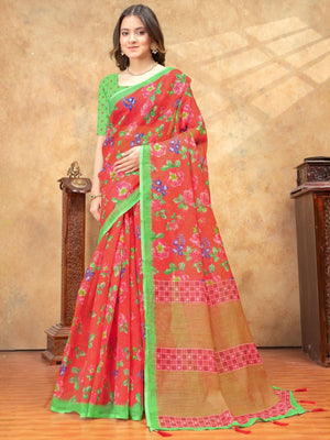 Rajwada Red Cotton Blend Printed Saree For Women