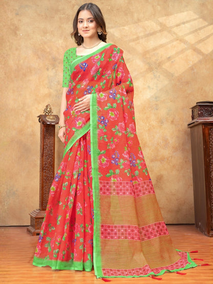 Rajwada Red Cotton Blend Printed Saree For Women