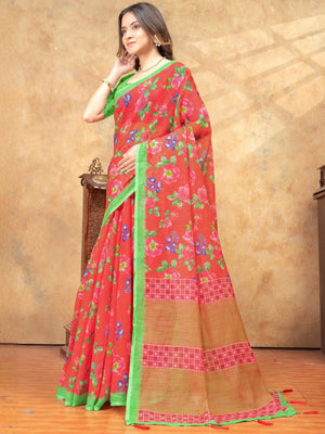 Rajwada Red Cotton Blend Printed Saree For Women