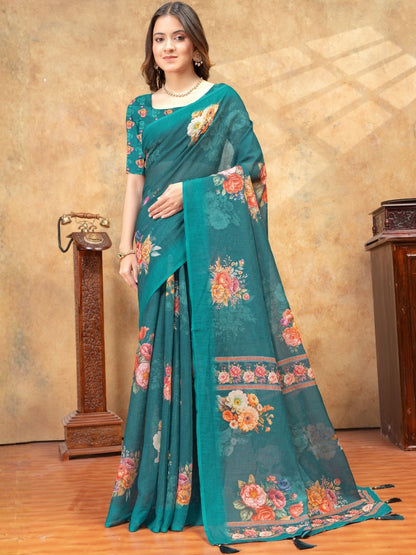 Rajwada Teal Blue Cotton Blend Printed Saree For Women