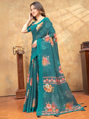 Rajwada Teal Blue Cotton Blend Printed Saree For Women