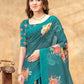 Rajwada Teal Blue Cotton Blend Printed Saree For Women