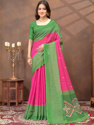Rajwada Pink Cotton Blend Printed Saree For Women