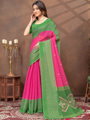 Rajwada Pink Cotton Blend Printed Saree For Women