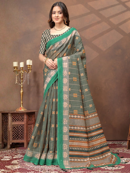 Rajwada Dark Green Cotton Blend Printed Saree For Women