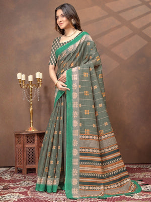 Rajwada Dark Green Cotton Blend Printed Saree For Women