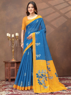 Rajwada Blue Cotton Blend Printed Saree For Women