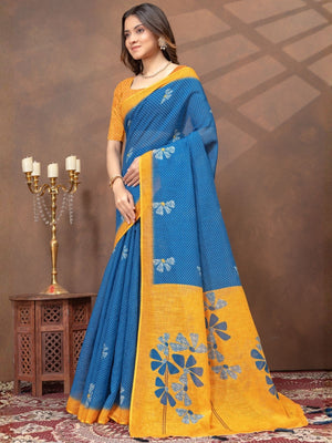 Rajwada Blue Cotton Blend Printed Saree For Women