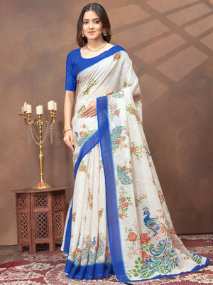 Rajwada White Cotton Blend Printed Saree For Women