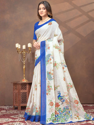 Rajwada White Cotton Blend Printed Saree For Women