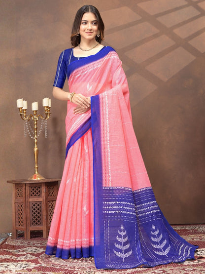 Rajwada Light Pink Cotton Blend Printed Saree For Women