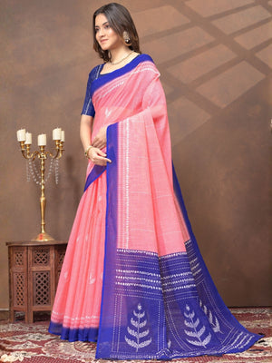 Rajwada Light Pink Cotton Blend Printed Saree For Women