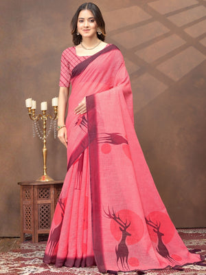 Rajwada Light Pink Cotton Blend Printed Saree For Women