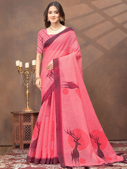 Rajwada Light Pink Cotton Blend Printed Saree For Women