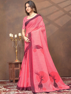 Rajwada Light Pink Cotton Blend Printed Saree For Women
