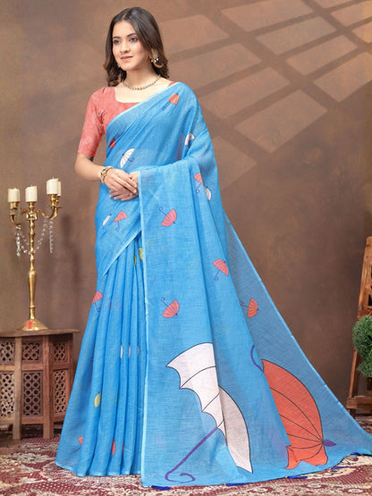 Rajwada Sky Blue Cotton Blend Printed Saree For Women