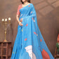 Rajwada Sky Blue Cotton Blend Printed Saree For Women