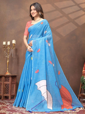 Rajwada Sky Blue Cotton Blend Printed Saree For Women
