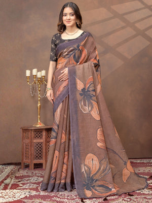 Rajwada Light Brown Cotton Blend Printed Saree For Women