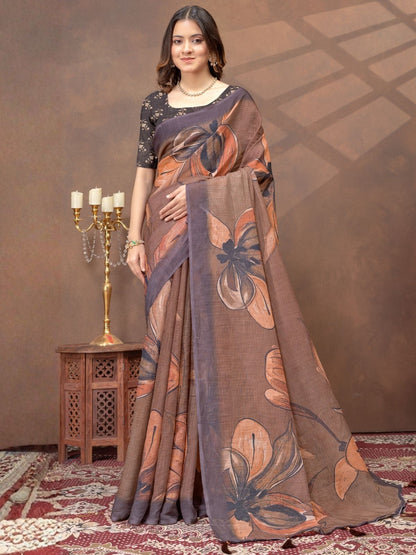 Rajwada Light Brown Cotton Blend Printed Saree For Women