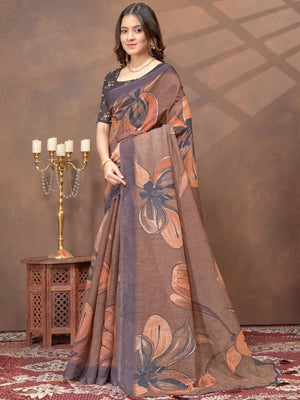 Rajwada Light Brown Cotton Blend Printed Saree For Women