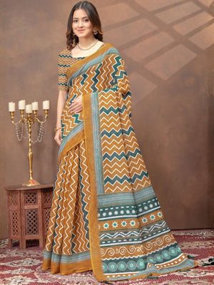 Rajwada Mustard Yellow Cotton Blend Printed Saree For Women