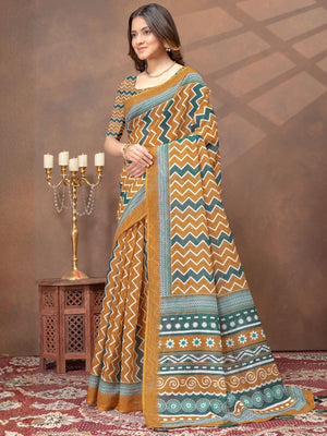 Rajwada Mustard Yellow Cotton Blend Printed Saree For Women