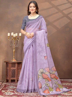 Rajwada Lavender Cotton Blend Printed Saree For Women