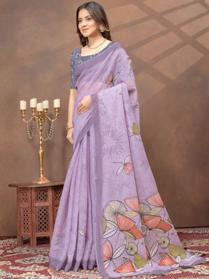 Rajwada Lavender Cotton Blend Printed Saree For Women