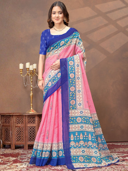 Rajwada Light Pink Cotton Blend Printed Saree For Women