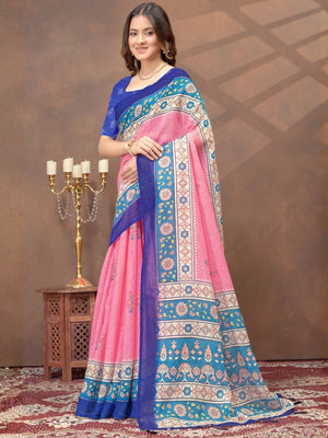 Rajwada Light Pink Cotton Blend Printed Saree For Women