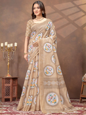 Rajwada Beige Cotton Blend Printed Saree For Women