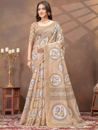 Rajwada Beige Cotton Blend Printed Saree For Women