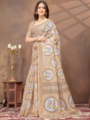 Rajwada Beige Cotton Blend Printed Saree For Women