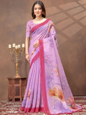 Rajwada Lavender Cotton Blend Printed Saree For Women