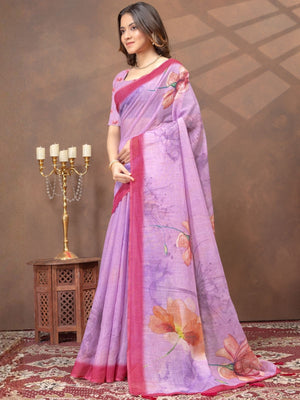 Rajwada Lavender Cotton Blend Printed Saree For Women
