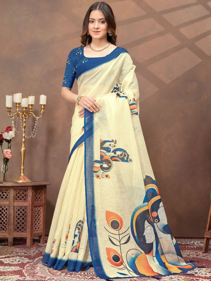 Rajwada Off White Cotton Blend Printed Saree For Women