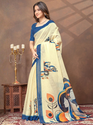 Rajwada Off White Cotton Blend Printed Saree For Women